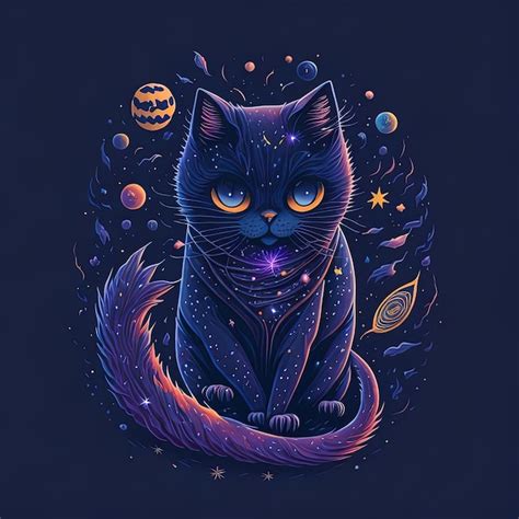 Um Gato Preto Rabo Preto Senta Se Em Frente A Uma Noite Estrelada