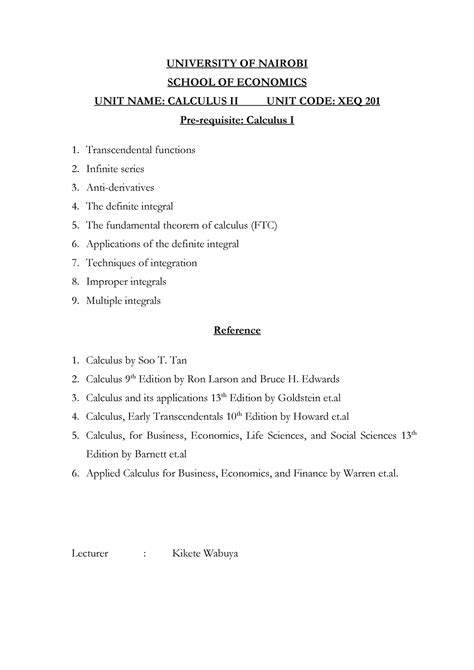 Calculus Ii Course Outline University Of Nairobi School Of Economics Unit Name Calculus Ii