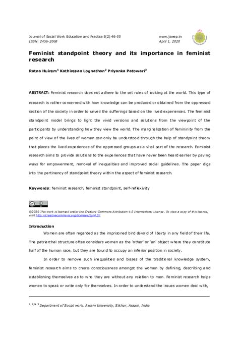 Pdf Feminist Standpoint Theory And Its Importance In Feminist Research