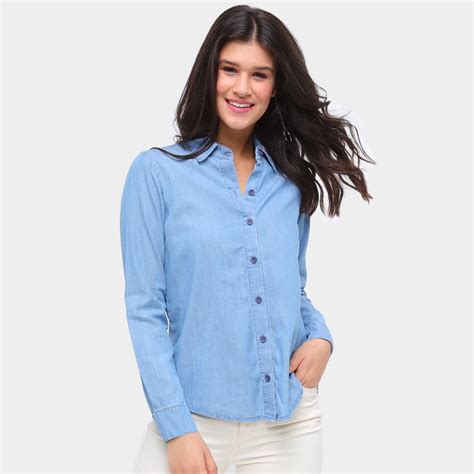 Camisa Jeans Influencer Botões Manga Longa Feminina Azul Zattini