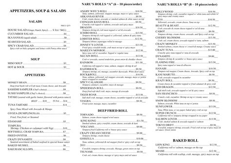 Menu At Naru Sushi And Grill Restaurant Cabot