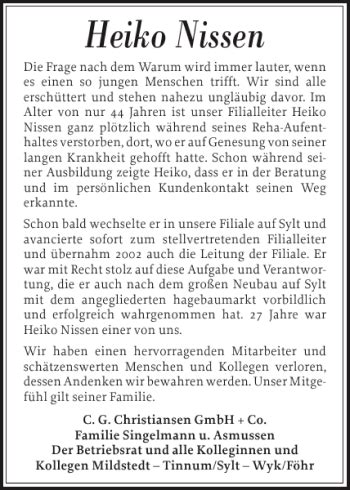 Traueranzeigen Von Heiko Nissen Sh Z Trauer