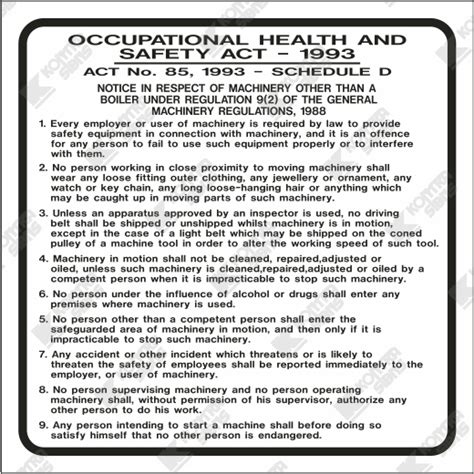 Wc725 Occupational Health And Safety Act Schedule D Act No 85 Of 1993