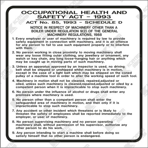 Wc725 Occupational Health And Safety Act Schedule D Act No 85 Of 1993 Kontra Signs