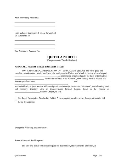 Quitclaim Deed From Corporation To Two Individuals Oregon Fill Out