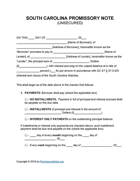 South Carolina Unsecured Promissory Note Template Promissory Notes Promissory Notes