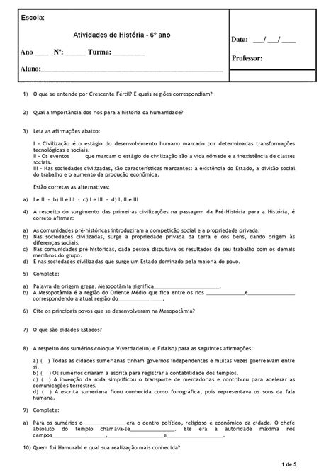 HistÓria 6° Ano Atividades AvaliaÇÕes Provas Testes ExercÍcios Para