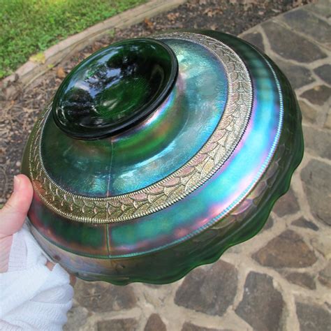 Antique Fenton Green Stippled Rays Scale Band Carnival Glass Large Ics Bowl Carnival Glass