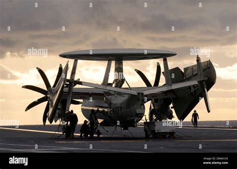 An E 2 Hawkeye Airborne Command And Control Aircraft Is Tied Down