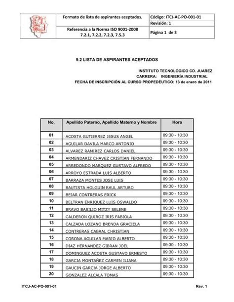 Formato De Lista De Aspirantes Aceptados C Digo Itcj Ac Po