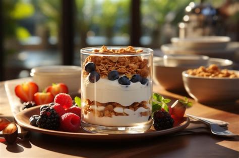 Premium Ai Image Greek Yogurt Parfait With Berries And Honey On Table