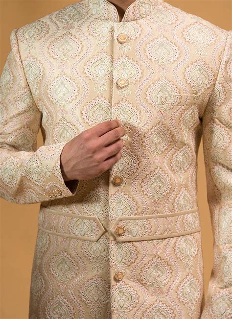 Shop Embroidered Reham Cream Silk Indowestern Sherwani Wedding Wear