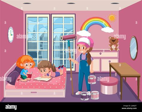 Painter Painting Bedroom Pink Illustration Stock Vector Image And Art Alamy