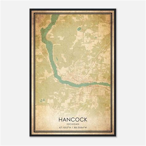 Vintage Hancock Michigan Map Poster, Hancock MI City Road Wall Art