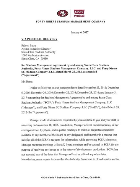 49ers Letter To Santa Clara Stadium Authority Regarding Lawsuit Pdf