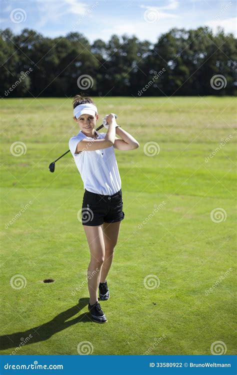 Pretty Girl Playing Golf On Grass Stock Photo Image Of Happy Hole