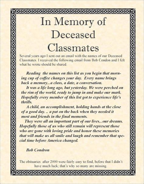 Poem Honoring Deceased Classmates Class Reunion Invitations Class