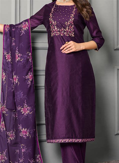 Shop Purple Art Silk Cotton Embroidered Straight Pant Suit After Six