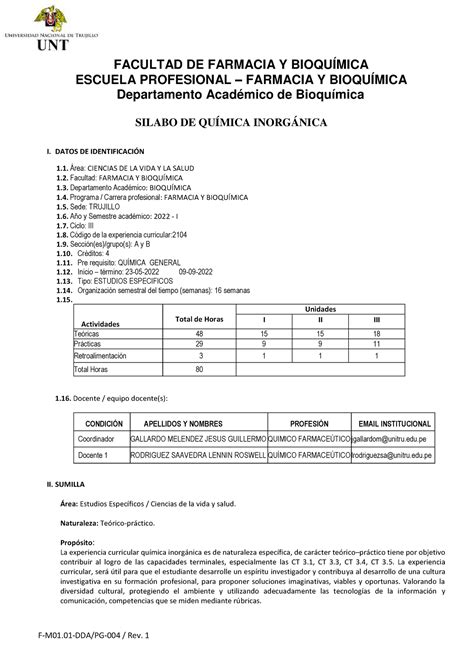 Silabo Qu Mica Inorg Nica Facultad De Farmacia Y Bioqu Mica Escuela