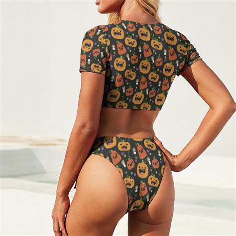 Spooky Halloween Pumpkin Bikini Set Witchy Swimsuit Women S Short Sleeve Elastic Bikini