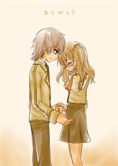 Safebooru 1boy 1girl Blue Eyes Blush Brown Hair Closed Eyes Couple Hisanuma Sayu Holding Hands