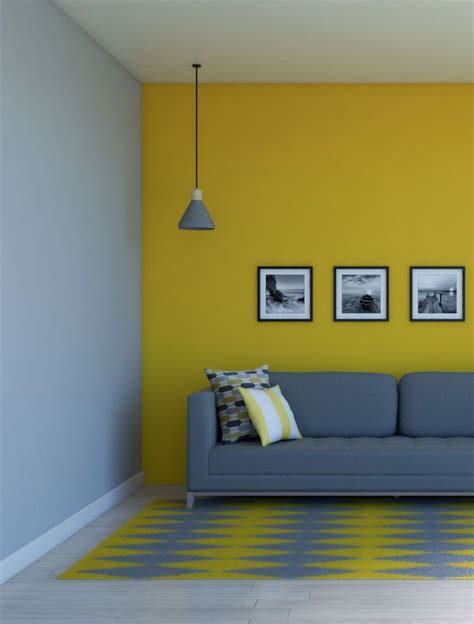 A Living Room With Yellow Walls And Blue Couch In The Center Two