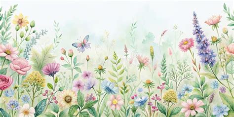 Pastel Garden Botanical Bliss Watercolor Wildflower Border Generative