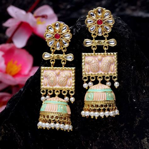 Moedbuille Handpainted Pink Meenakari Work Kundan Pearl Stone Studded