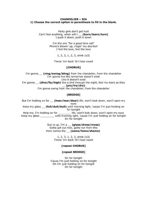 Song Worksheet: Chandelier by Sia
