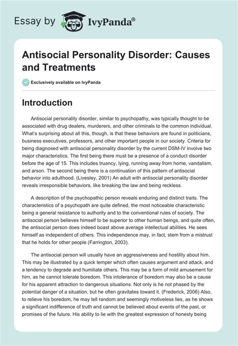 Antisocial Personality Disorder Causes And Treatments 1483 Words Term Paper Example