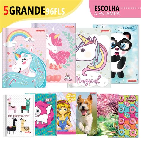 Kit Caderno Brochura Grande Feminino 96 Folhas Escolar Capa Dura