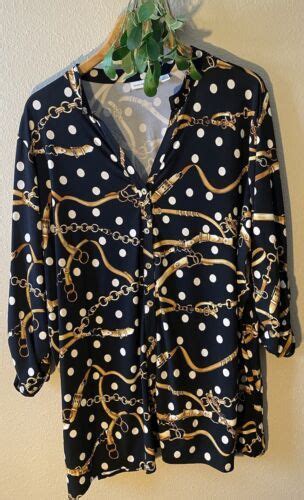 Susan Graver Liquid Knit Button Up Blouse 2x Black Gold Belt Chain