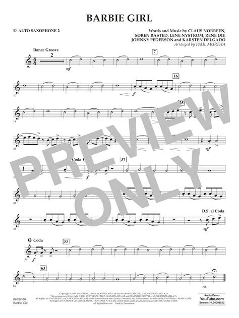 Barbie Girl Arr Paul Murtha Eb Alto Saxophone By Aqua Sheet