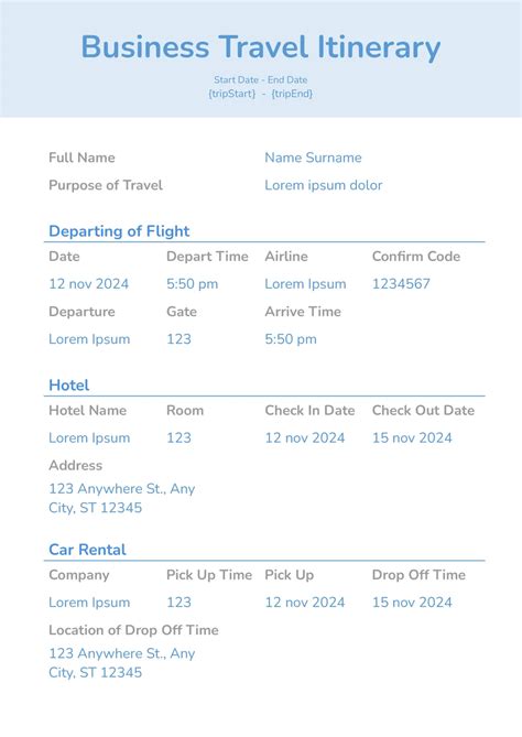 Business Travel Itinerary Template Compatible With Google Docs