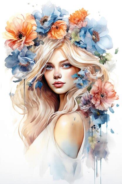 Premium Ai Image Watercolor Female Portrait Fictional Character Nonexistent Woman Wreath Of