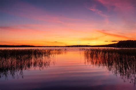 Stunning Sunset Sky Over The Calm Lake Water Stock Image Image Of