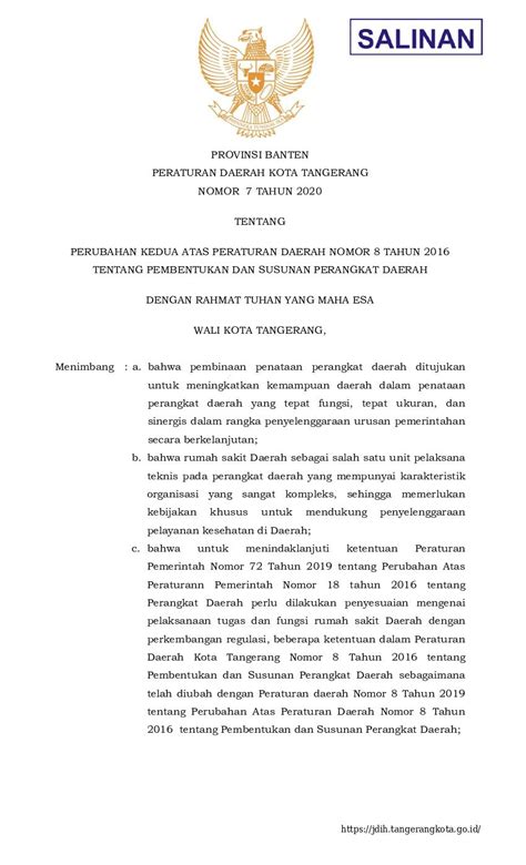 Peraturan Daerah Kota Tangerang No 7 Tahun 2020 Tentang Perubahan Kedua