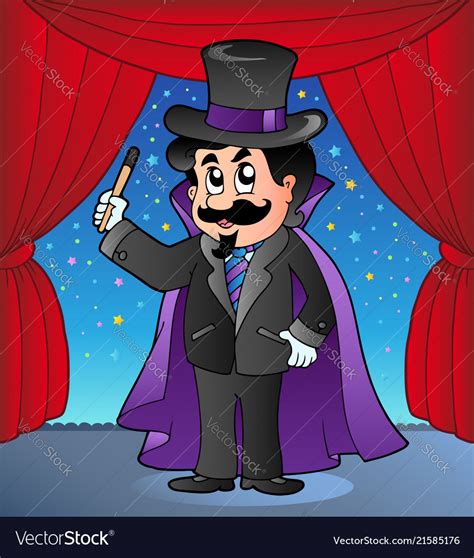 Cartoon magician on circus stage Royalty Free Vector Image