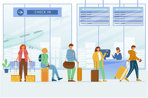 Check In Airport Zone Flat Vector Illustration Travelers With Luggage