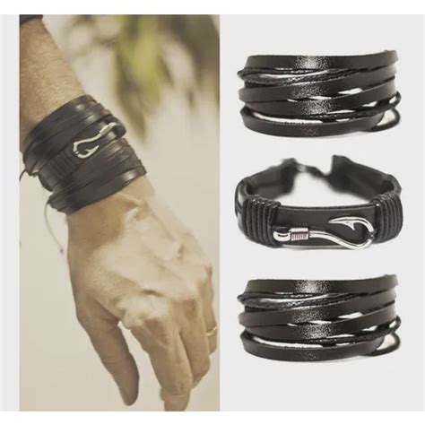 Kit Pulseiras Masculinas De Couro Anzol Preto Ajust Vel Submarino