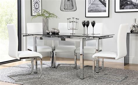 Space Chrome And Black Glass Extending Dining Table With Perth White