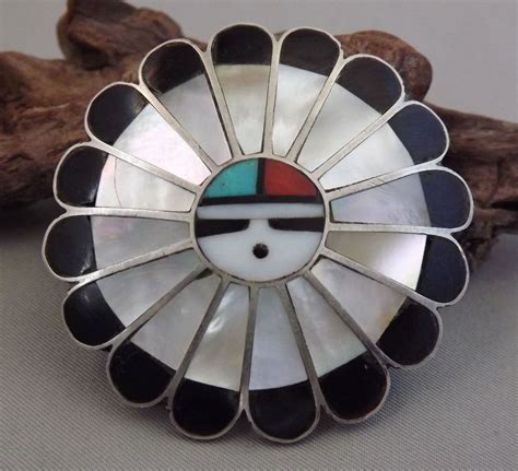 Large Vintage Zuni Sterling Silver Multi Stone Sunface W God S Eye Pin