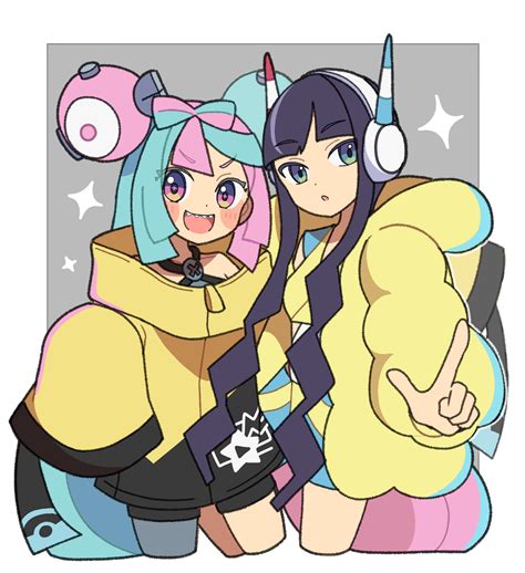 Safebooru 2girls Bike Shorts Black Hair Blue Hair Blunt Bangs Blush