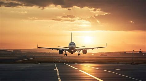 Un avión despegando de una pista al atardecer Foto Premium