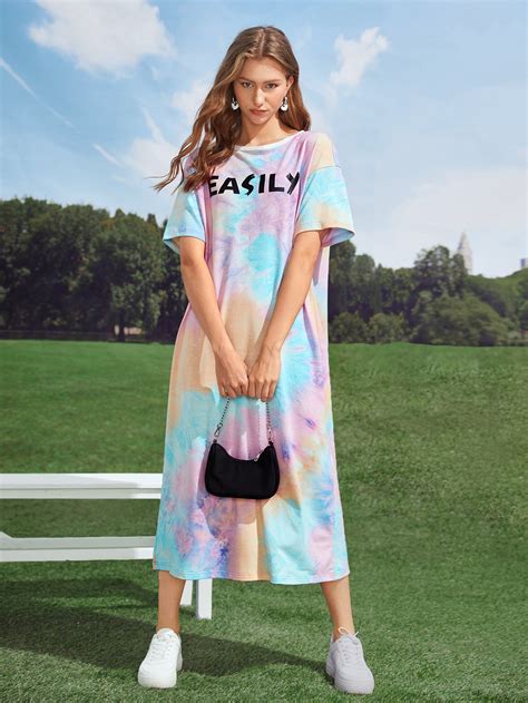 Shein Mulvari Letter Graphic Drop Shoulder Tie Dye Tee Dress Shein Usa