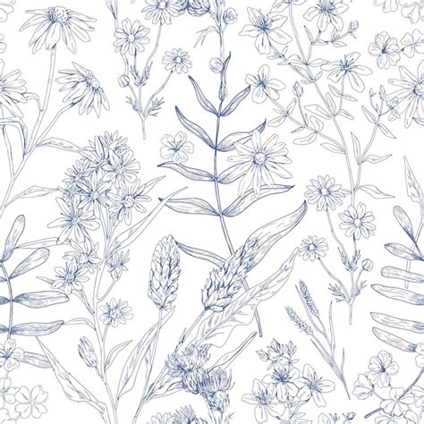 Premium Vector Seamless Botanical Pattern With Wild Flowers Outlined