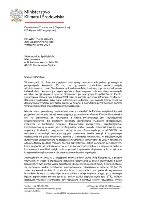 Pismo SSM sygn MG 246 2024 do Ministerstwa Klimatu i Środowiska