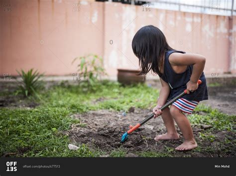 Boy digging in dirt in backyard stock photo - OFFSET