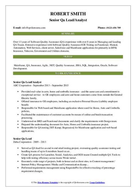 Senior Qa Lead Resume Samples Qwikresume