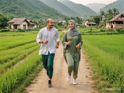 Joyful Muslim Couple Jogging In Scenic Village Landscape Dalle3 AI